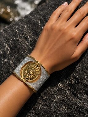 Gold Sun Medallion Wide Silver Glitter Cuff Bracelet